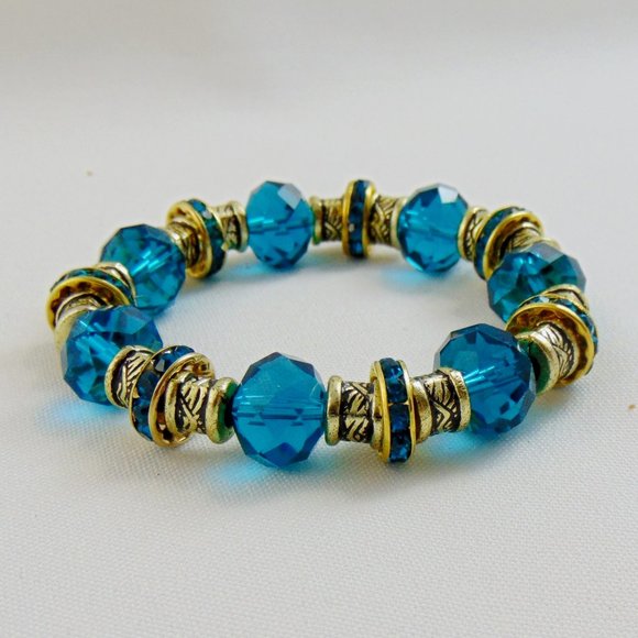 Peacock Blue Large Crystal Chunky Bracelet Stretch - Picture 2 of 4